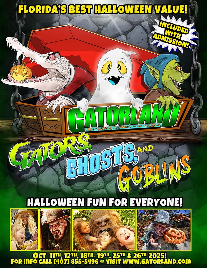 Promotional poster for Gatorland event titled “Gators, Ghosts, and Goblins,” described as Florida’s best Halloween value and included with admission. Features cartoon characters including an alligator dressed as a vampire holding a jack-o’-lantern, a smiling ghost, and a green goblin emerging from a coffin. Text reads “Halloween fun for everyone!” with photos below showing children interacting with characters like a scarecrow, a spooky cowboy, a skunk ape, and a pumpkin-headed figure. Event dates listed are October 11th, 12th, 18th, 19th, 25th, and 26th, 2025. Contact information: (407) 855-5496 and www.gatorland.com